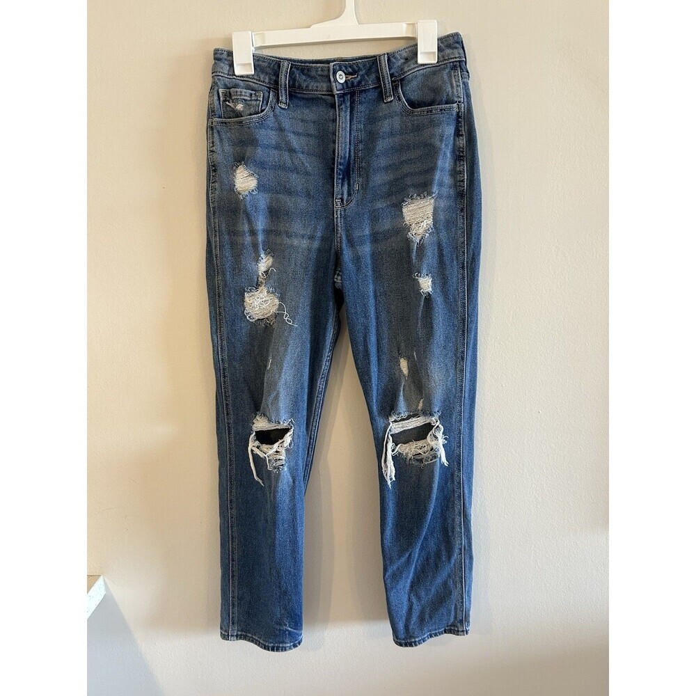 Hollister Ultra High-Rise Mom Jeans 29x27 Distressed Medium Wash Blue Denim